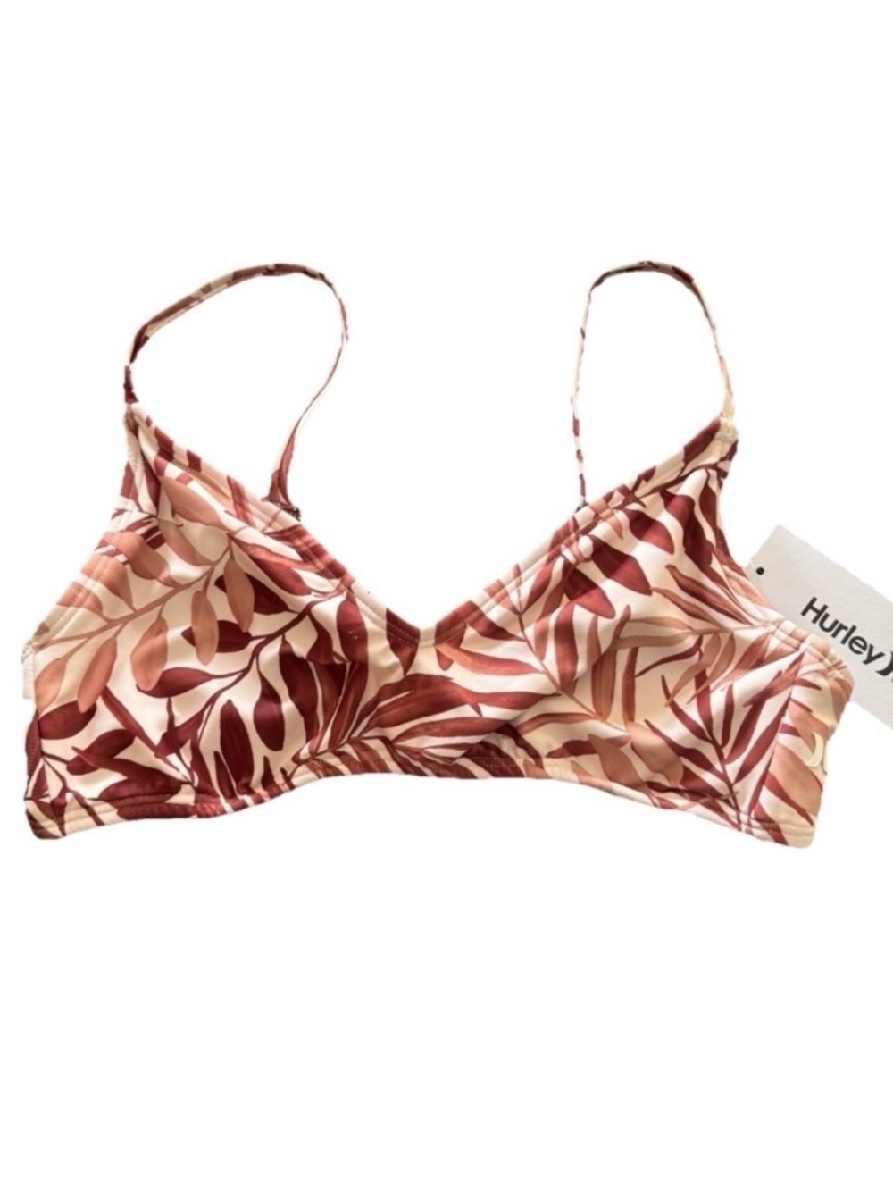 Hurley Bikini Top Small NWT Tropical Leaf Print Brown Cream Adjustable Strap